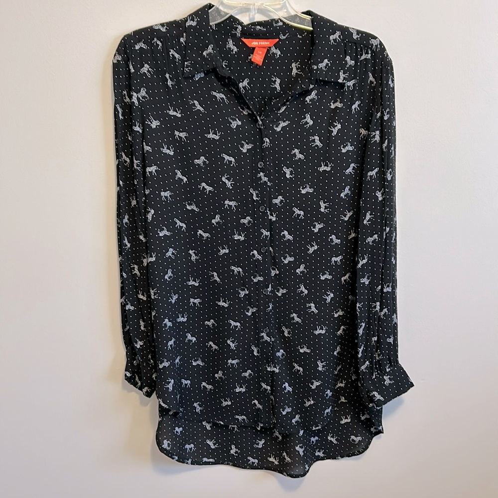 Lightweight long tunic blouse by Joe Fresh, b&w animal print, women’s, size L